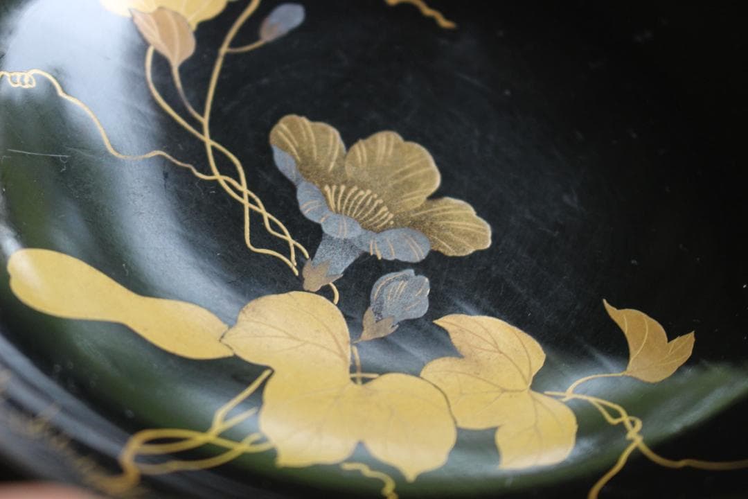 小傷有！時代黒漆に極上草花蒔絵の映える煮物椀5点（