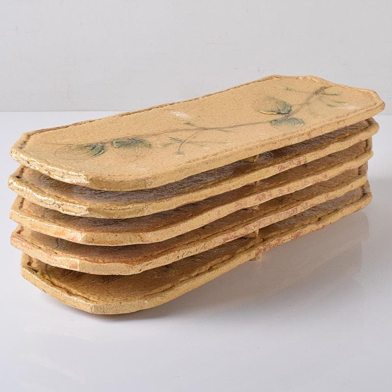 和食器　りんどう窯　小松幸代作　黄瀬戸　草文　長方皿　五客　共箱　D　R8175