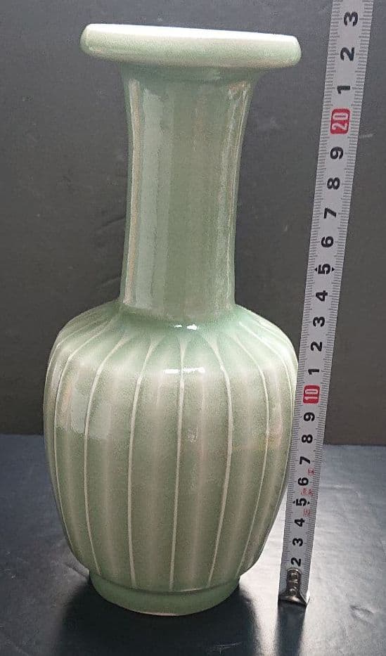 翠磁刻文花入 ☆人間国宝 原清☆