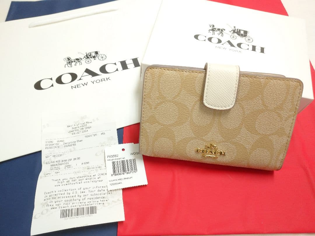 COACH 折り財布 2つ折り 財布 シグネチャー ライトカーキ ホワイト