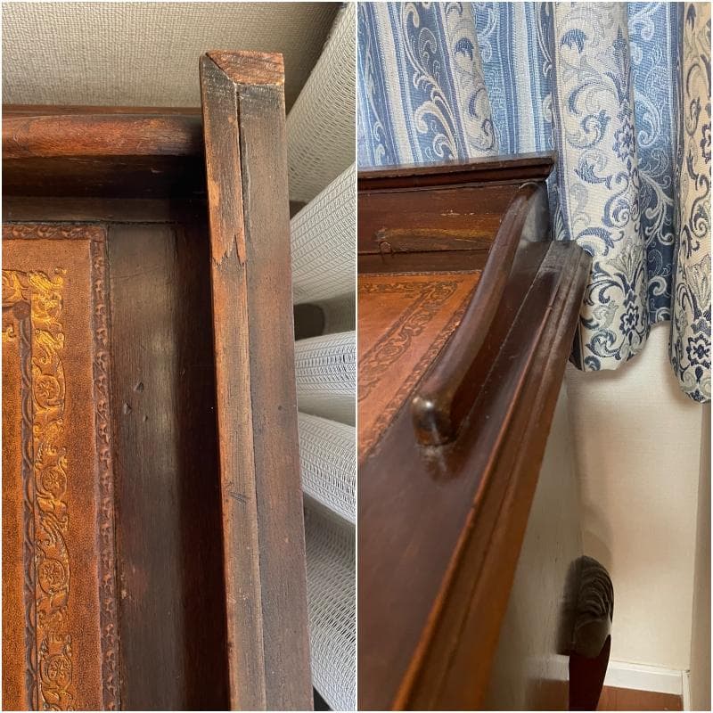 横浜市引き取り限定です】アンティーク文机 引き出し付き 彫刻入 革