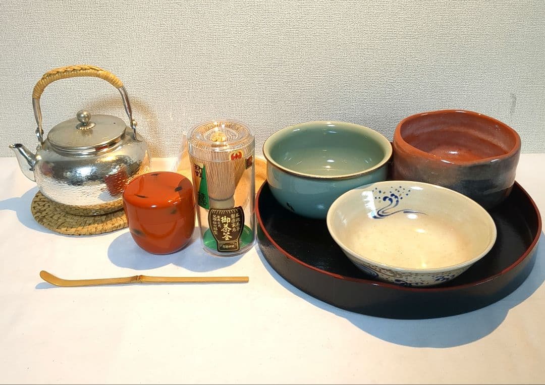 銀瓶 抹茶碗 平茶碗 建水 棗 茶筅 茶匙 山道盆 茶道具 お稽古 セット 銀瓶 抹茶碗 平茶碗 建水 棗 茶筅 茶匙 山道盆 茶道具 お稽古 セット