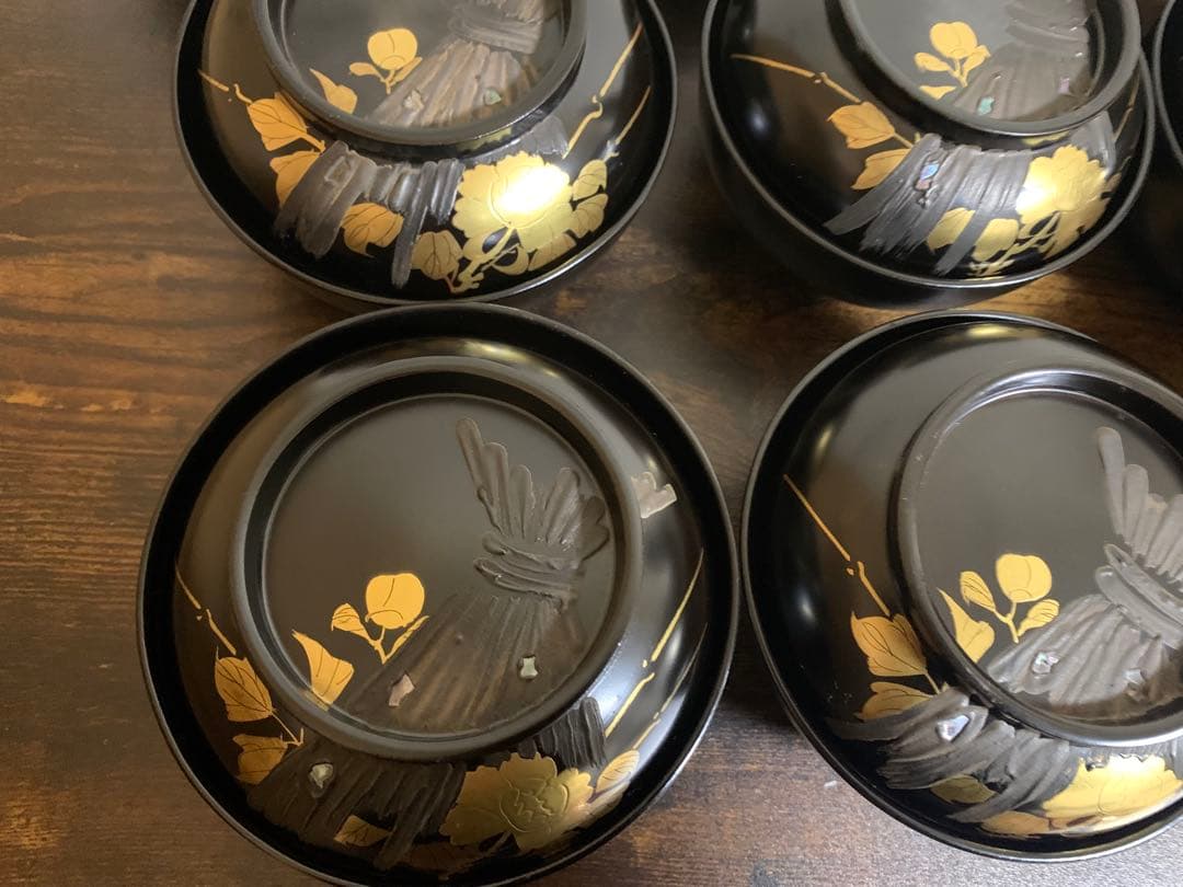 沈金蒔絵吸物椀10客 時代物 蓋付き椀 お椀 汁椀 貝細工 未使用品