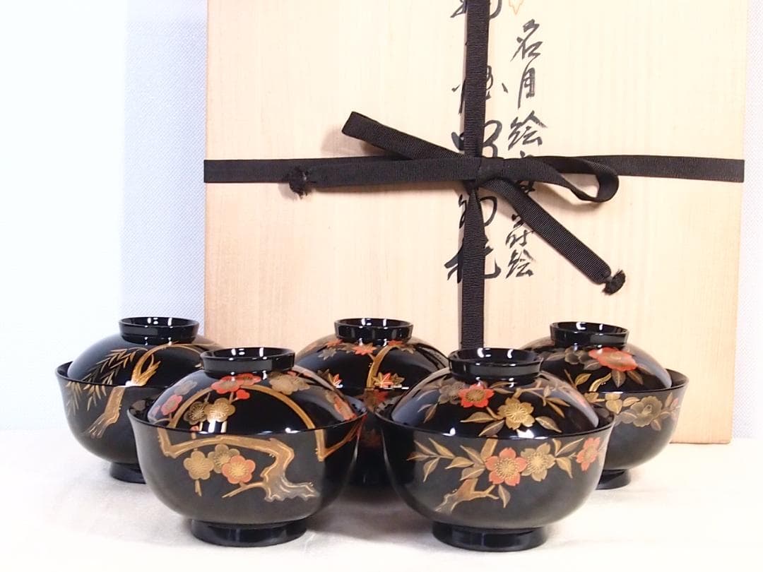 【極美品】輪島塗 名月絵変わり蒔絵 吸物椀5客 信斎/松斎 汁椀/お椀 漆器食器 輪島塗 つばき蒔絵 吸物椀5客 輪島塗吸物椀 輪島塗お椀 汁椀 椿蒔絵