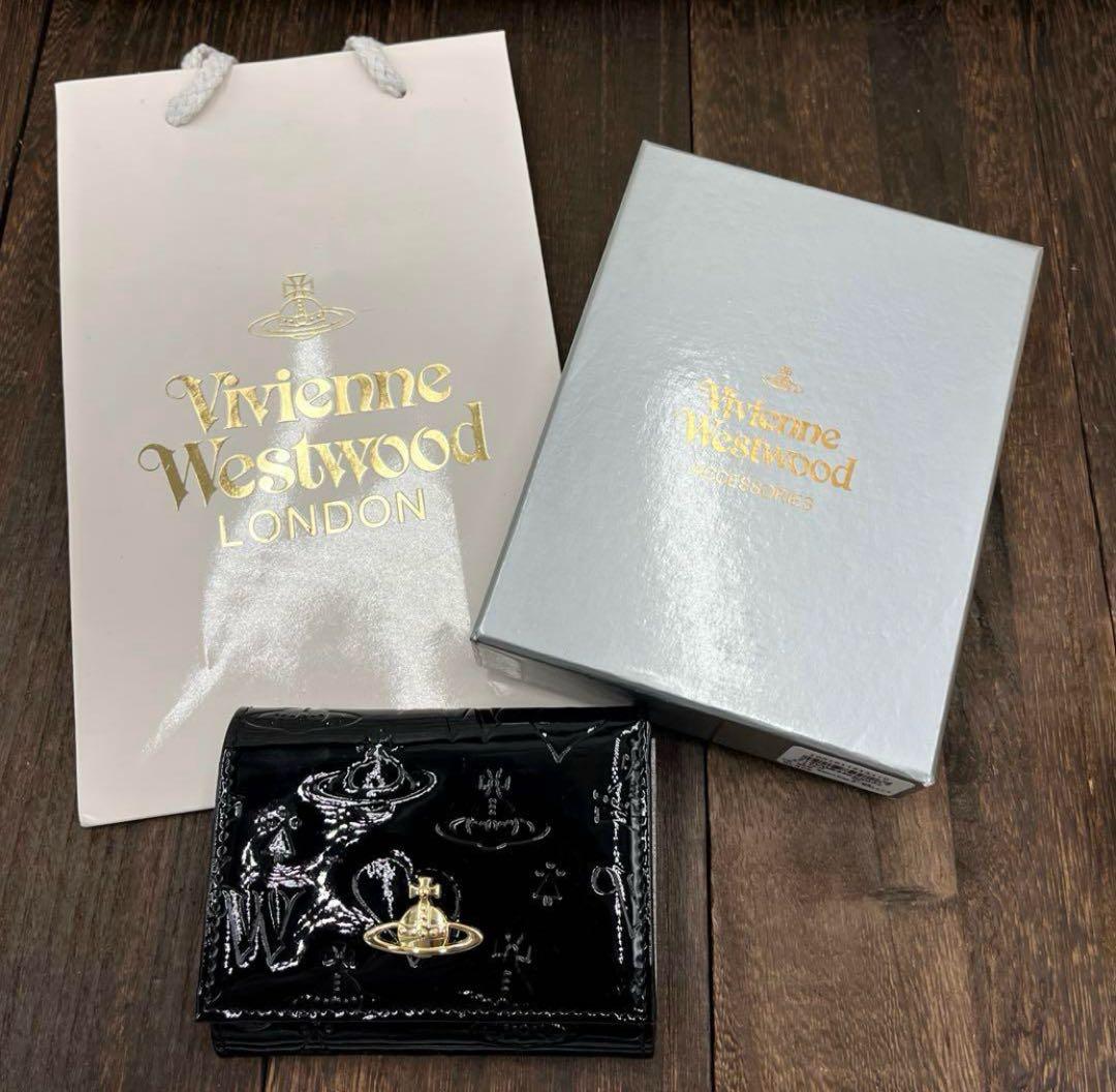 新品未使用　ヴィヴィアンウエストウッド 三つ折財布　黒　エナメル　がま口