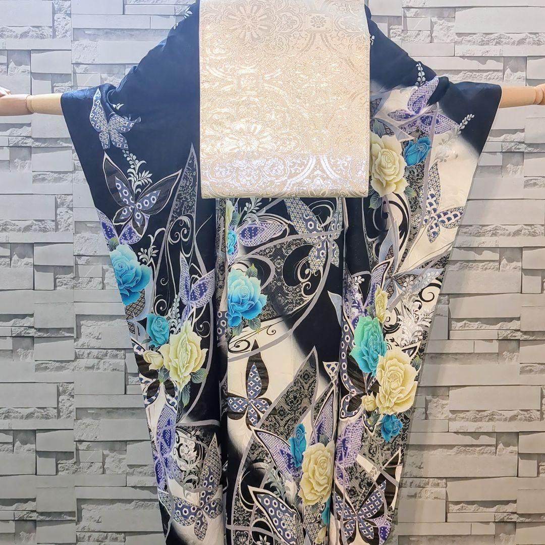 振袖セット 振袖フルセット 正絹振袖 銀通し 駒刺繍 薔薇 蝶 金彩 白 90