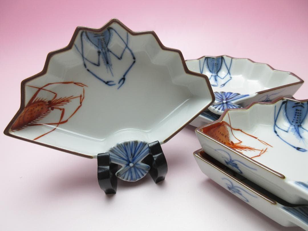 おまとめ 九谷 上出長左衛門 扇形 海老紋 向付 5客 TN 103