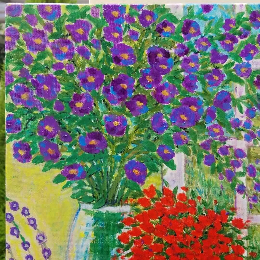 油絵 窓辺に並べたお花 大きめキャンバス