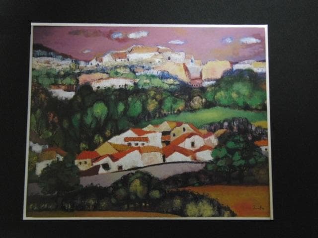 首藤百合子、【赤い屋根のある風景】、希少な額装用画集より、新品額装付、状態良好