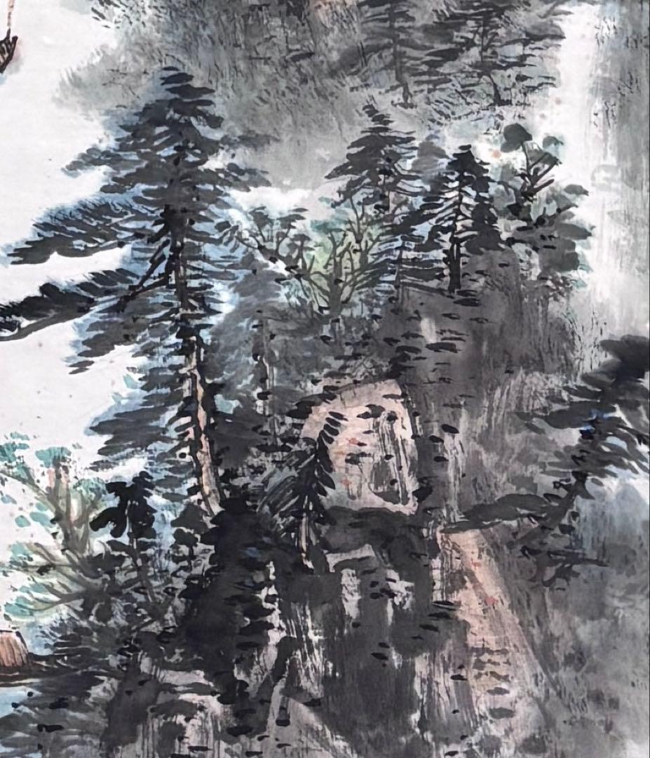水墨画 掛軸 帰帆 謝陽画 中国 絵画 山水 掛軸 箱付 張大千大風堂