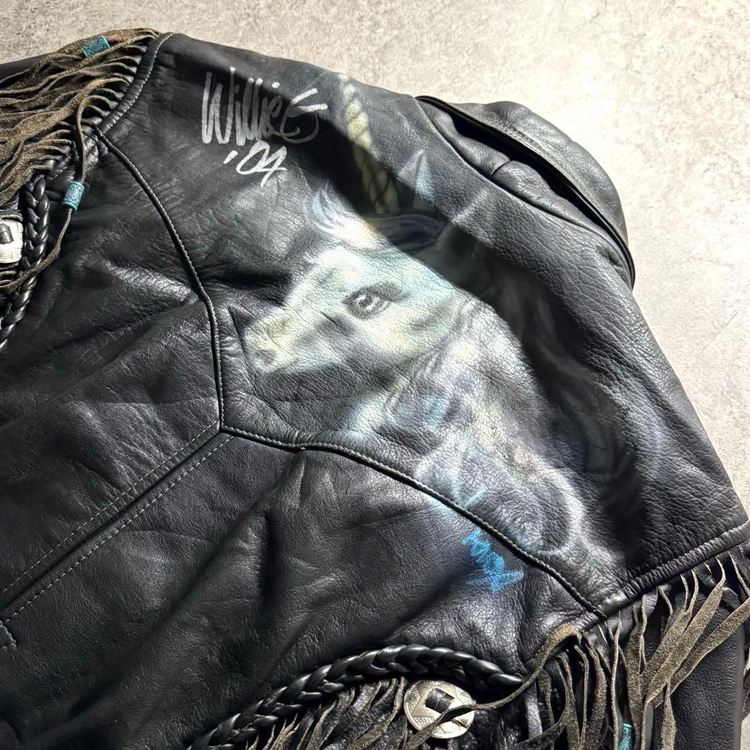 希少】ライダースジャケット L フリンジ ギミック ペイント コンチョ