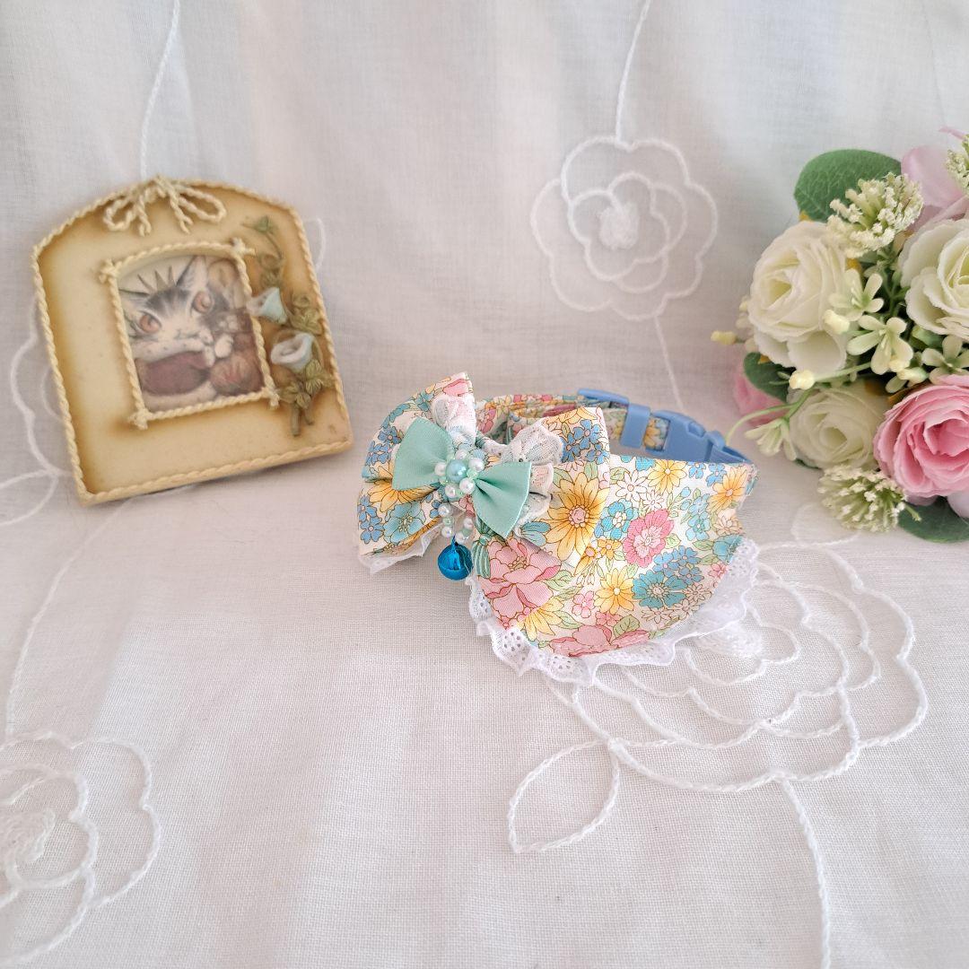 幅広シュシュ(ピンク×黒①)つまみ細工付き、わんちゃん猫ちゃん用 幅広