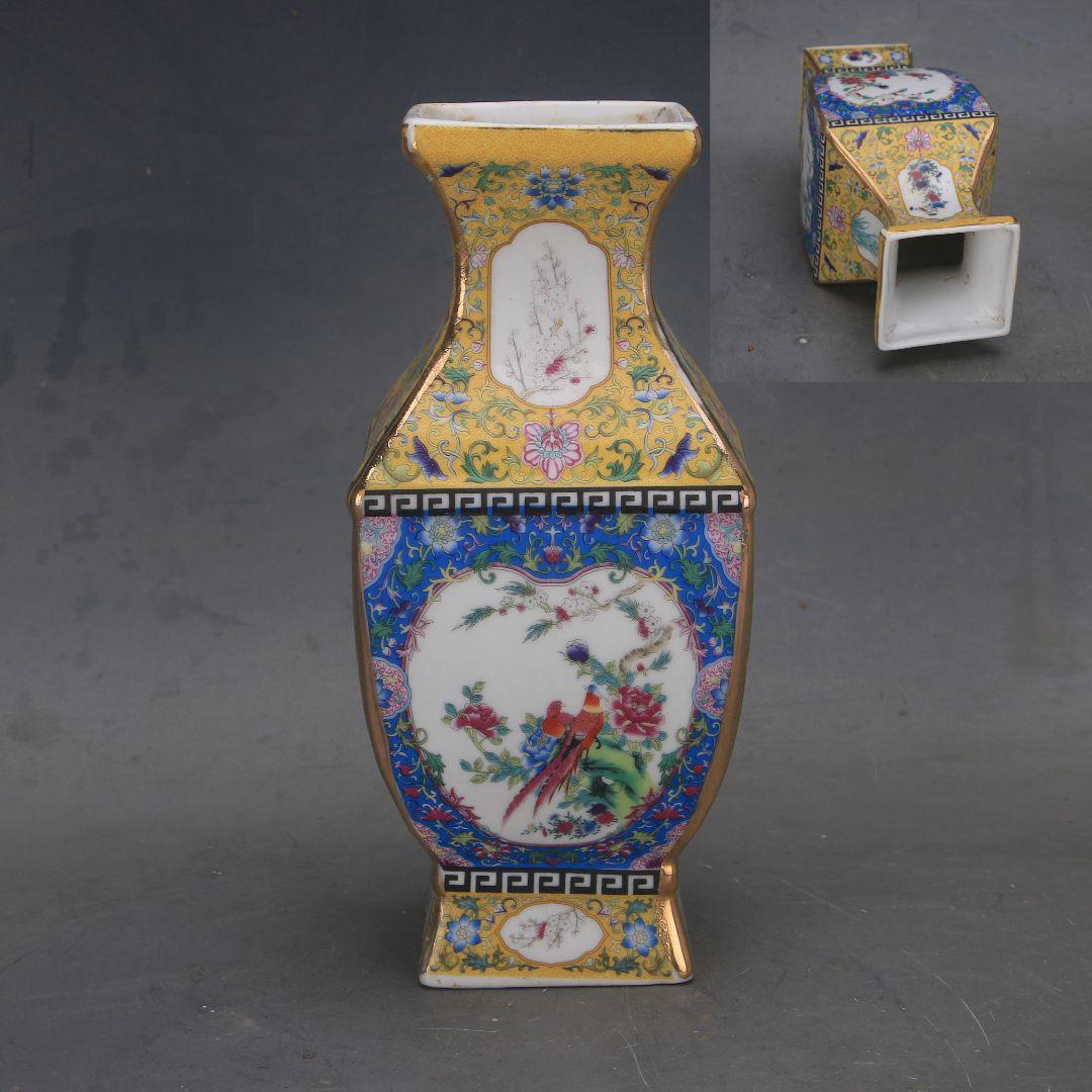 清乾隆年琺瑯彩窓花鳥四方瓶 景徳鎮 陶磁器 装飾品 現代