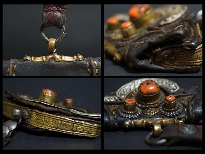 オールドチベット 革製ポーチ財布 古い天然珊瑚象嵌 銀製浮彫り唐草紋