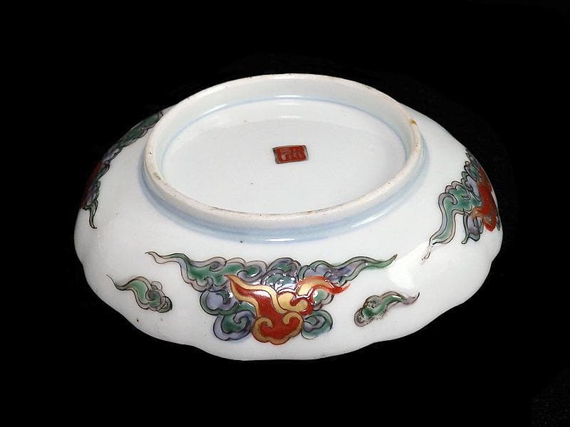 古伊万里　色絵　傘美人に筍掘りの図　４寸皿　５枚　A697AS-BZq