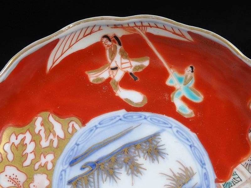 古伊万里　色絵　傘美人に筍掘りの図　４寸皿　５枚　A697AS-BZq