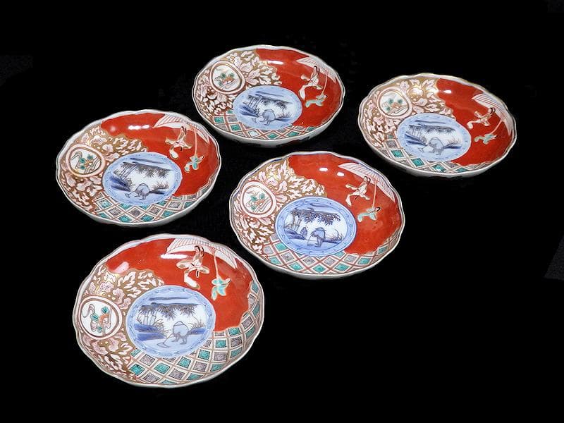 古伊万里　色絵　傘美人に筍掘りの図　４寸皿　５枚　A697AS-BZq