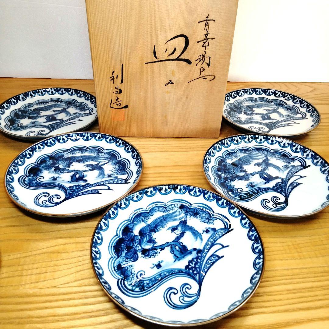 加藤 利昌 清水焼 青華瑞鳥皿5客