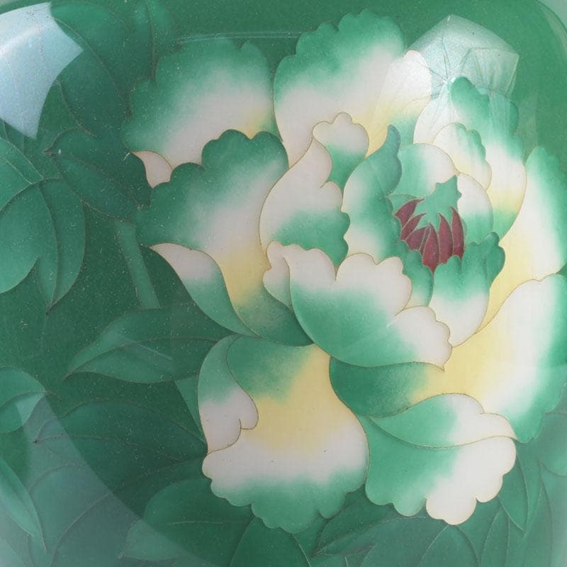 七宝焼 緑釉 牡丹文 花瓶 唐木台付 V 9324