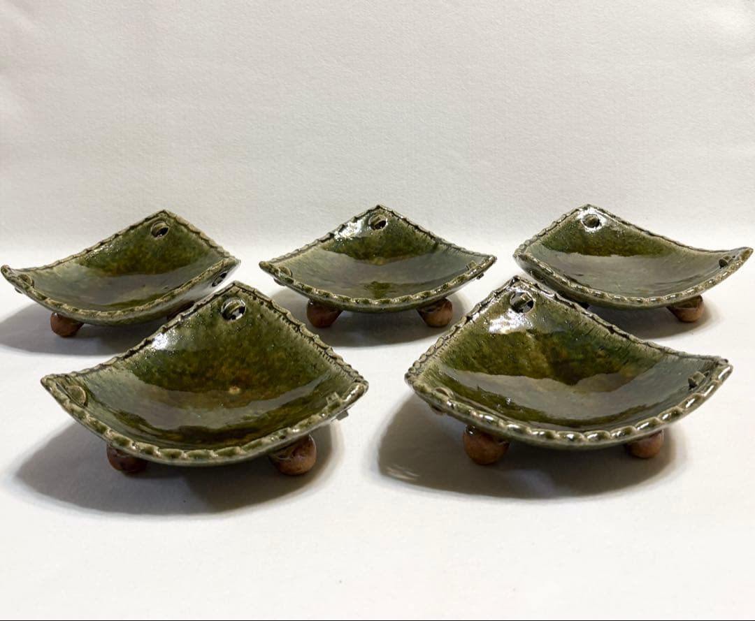 織部釉 三角 向付 五客 盛皿 刺身皿 三足 高台付 脚付 作家物 懐石料理