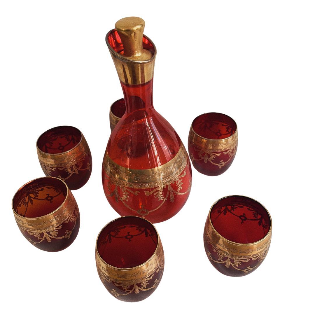 イタリア ヴェネチア赤ガラス 金彩 デキャンタ＆グラスセット