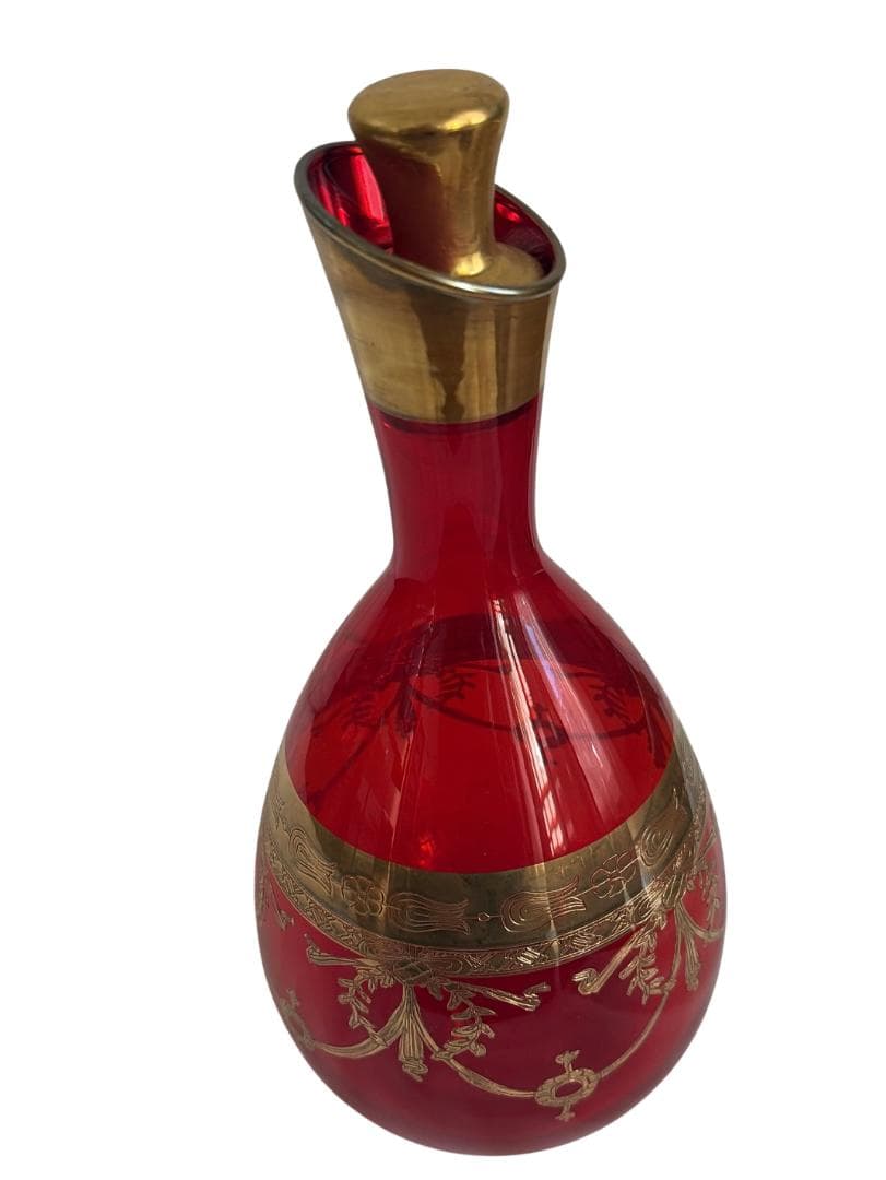 イタリア ヴェネチア赤ガラス 金彩 デキャンタ＆グラスセット