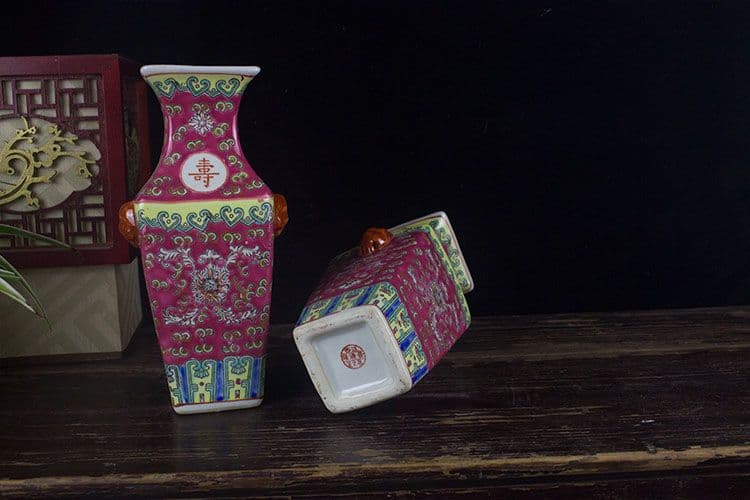 景徳鎮陶磁パステルカラー万寿無疆四方花瓶 陶磁器 装飾品 現代工芸品