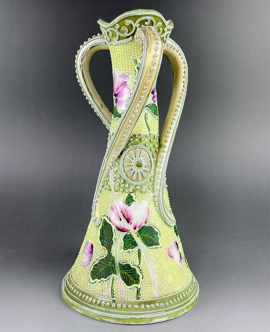 【希少】オールドニッポン 約２５．３cm 花紋 一陳盛上げ アールヌーボー 花瓶 希少】オールドニッポン 約25．3cm 花紋 一陳盛上げ アールヌーボー