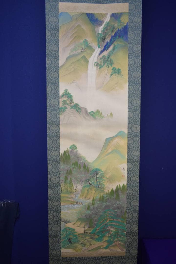 真作/大関禹江/夏景山水図/山水家図/渓流滝図/渓流瀧図/布袋屋掛軸HI-942