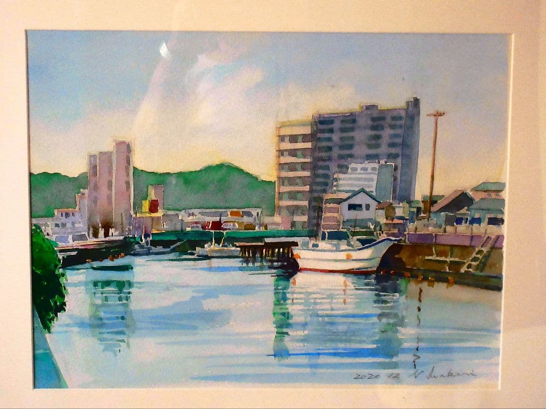 水彩画 河のある風景 2022年 フレーム付き 原画