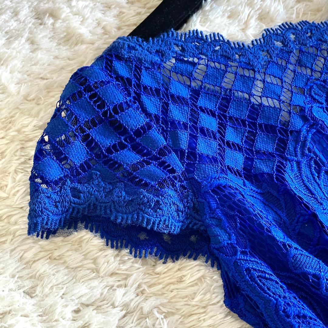 【美品】タダシショージ ロイヤルブルー フラワーレースワンピース カクテルドレス