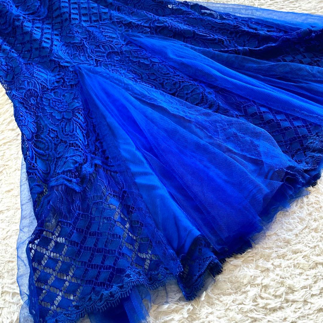 【美品】タダシショージ ロイヤルブルー フラワーレースワンピース カクテルドレス