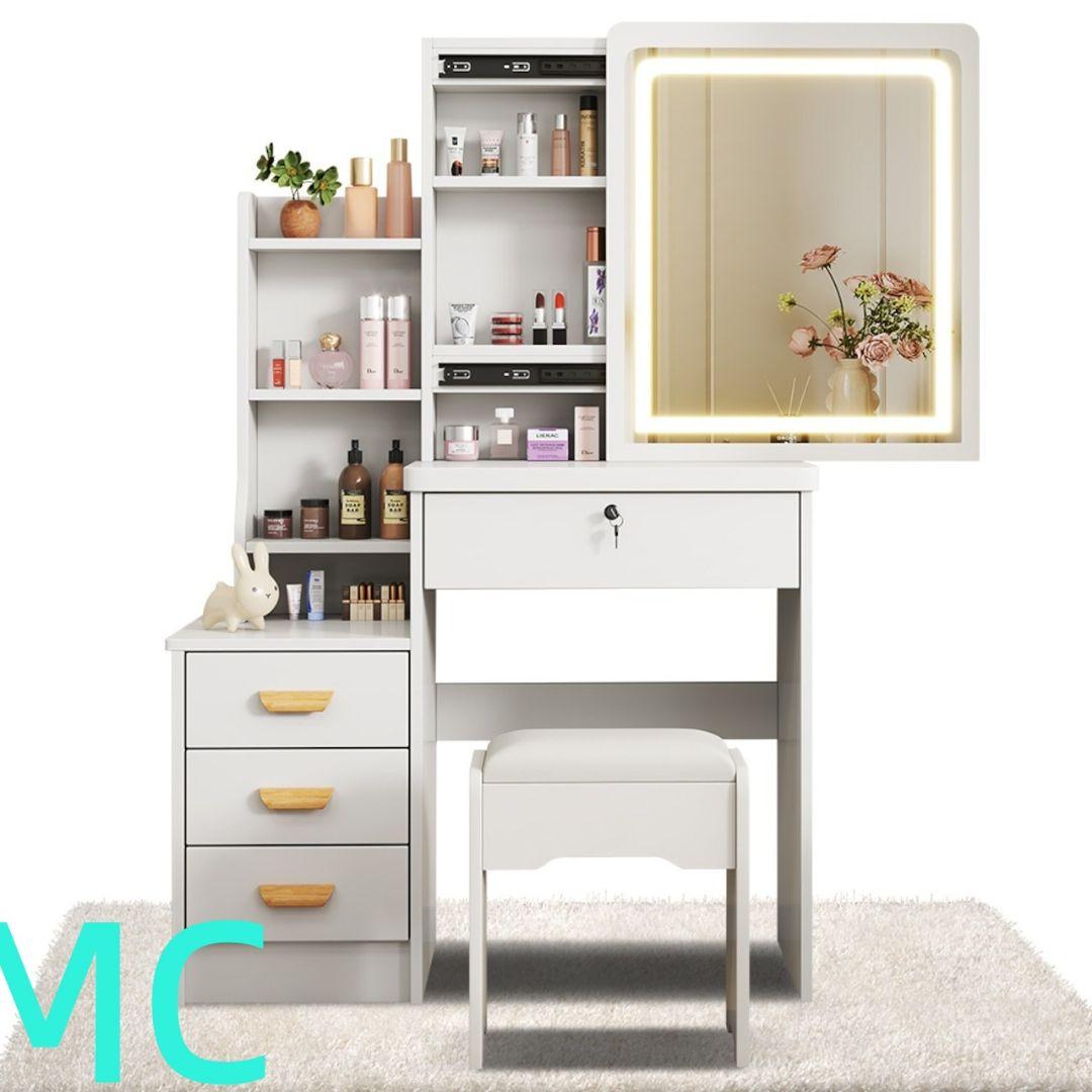 ドレッサー 白 3 色 LED スライドミラー 収納沢山 メイク台 スツール付き