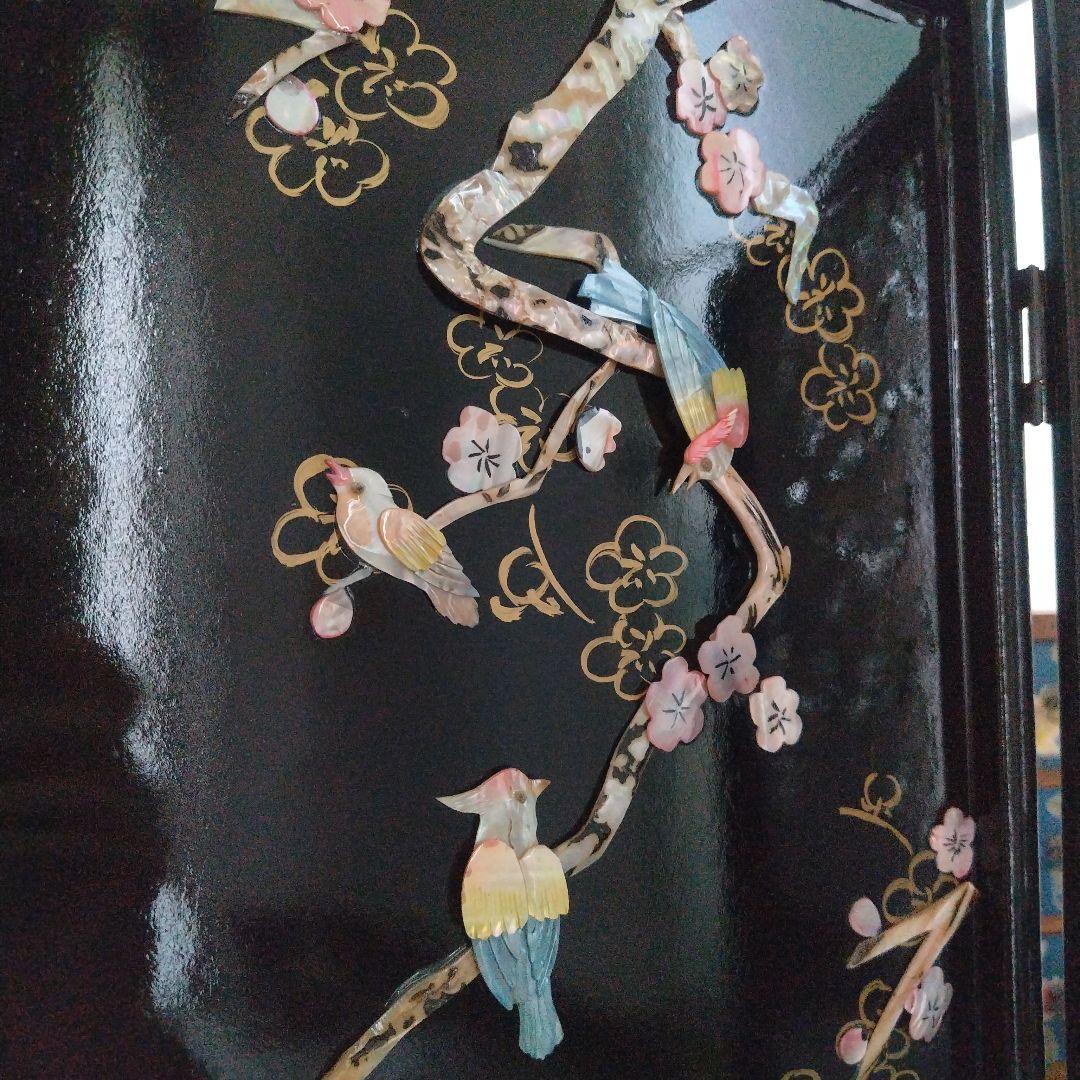 美品！骨董品 アンティーク 漆塗り 艶やか貝細工 花鳥風月