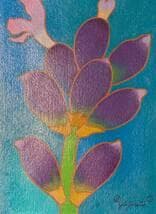 【真作】絵画　谷沢邦彦　アクリル画　紫薫るⅠ　ブルーに映える紫の花　Y167