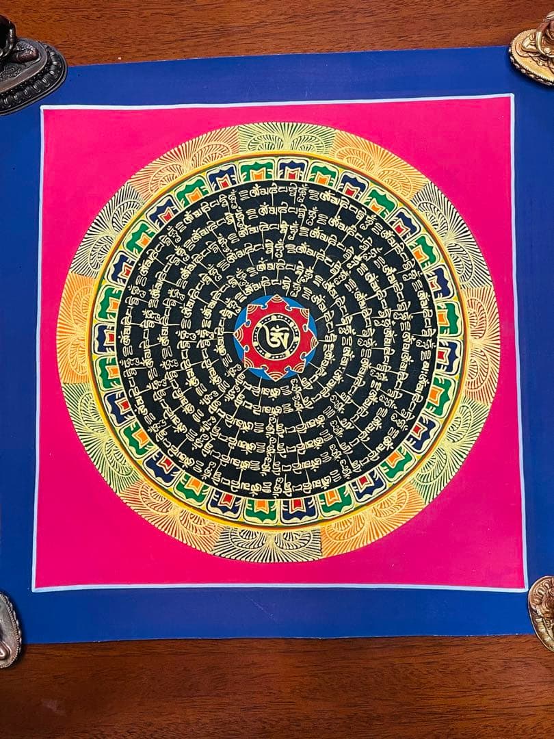 【手描き一点物】チベット密教 曼荼羅タンカ 六字真言入り／開運・護符・浄化p