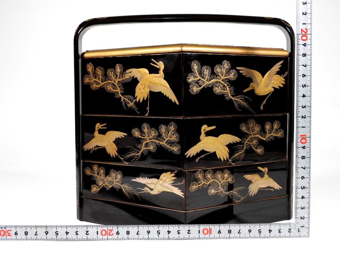能登輪島塗 豪華金彩蒔絵 三重提箱 木製漆器 『坂井』 蒔絵飛鶴図