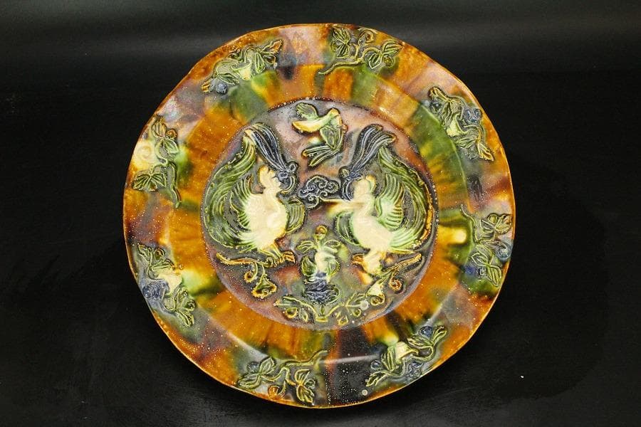 中国美術 唐三彩 双鳳紋 三足 盤 φ31cm 希少(LC247)