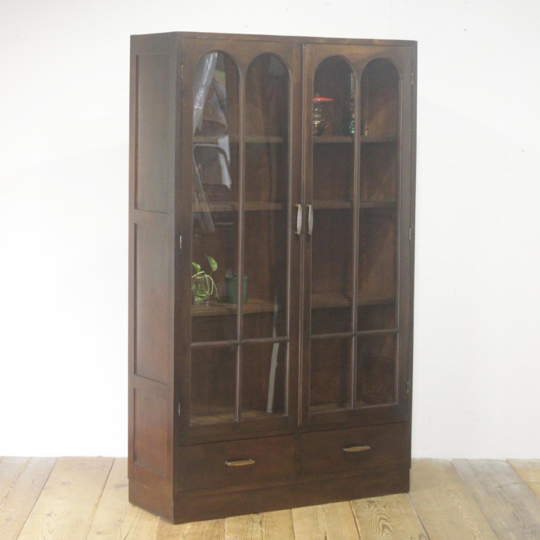 レトロ ガラスキャビネット 本箱 収納 食器棚 ラック 引き出し 抽斗 2杯