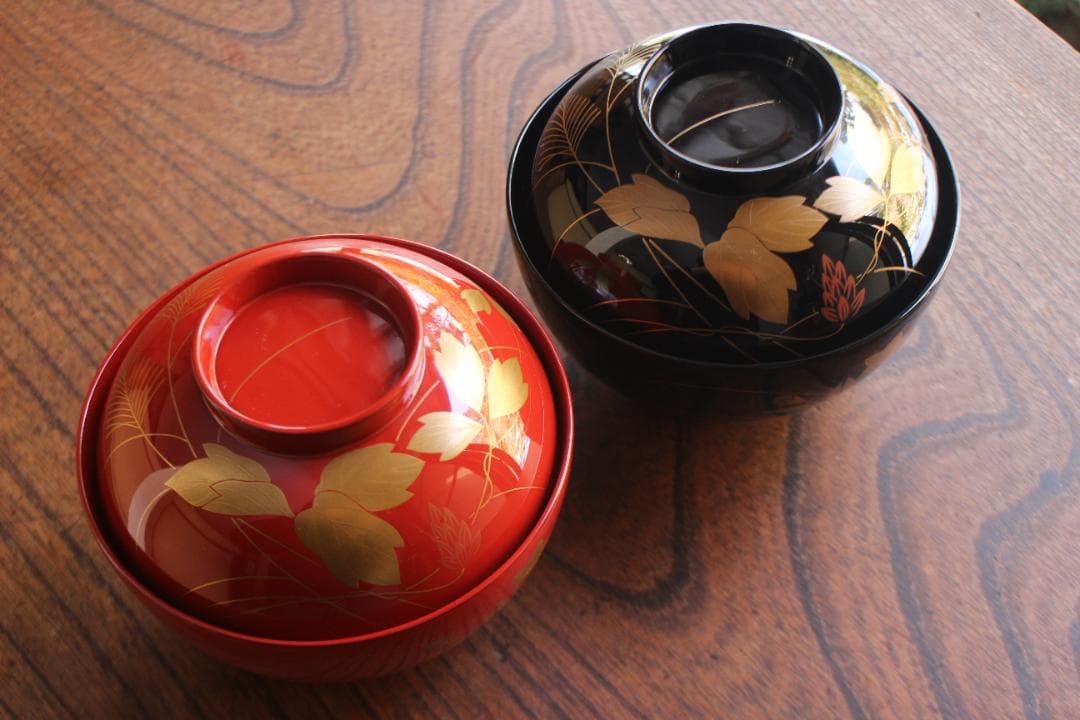 デッドストック！極上秋草蒔絵の美しい夫婦椀（検輪島塗蒔絵椀雑煮椀