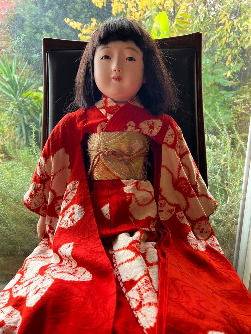 市松人形着物 大正縮緬スミレ色 扇に牡丹 帯・髪飾りセットと長襦袢