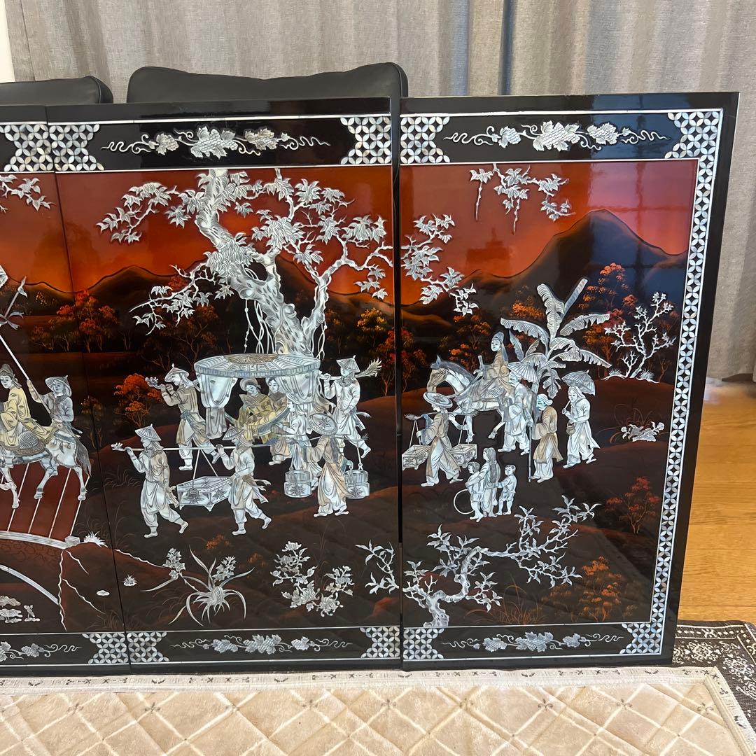 ★☆中国美術 屏風/衝立 4連衝立 螺鈿細工/漆塗り 4枚