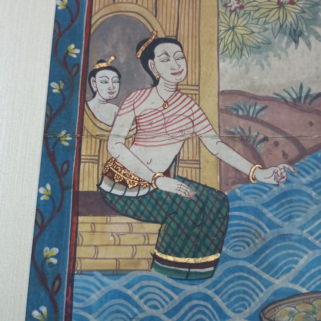 4445）タイの寺院画・宗教画？？？ 水彩系の直筆 詳細不明