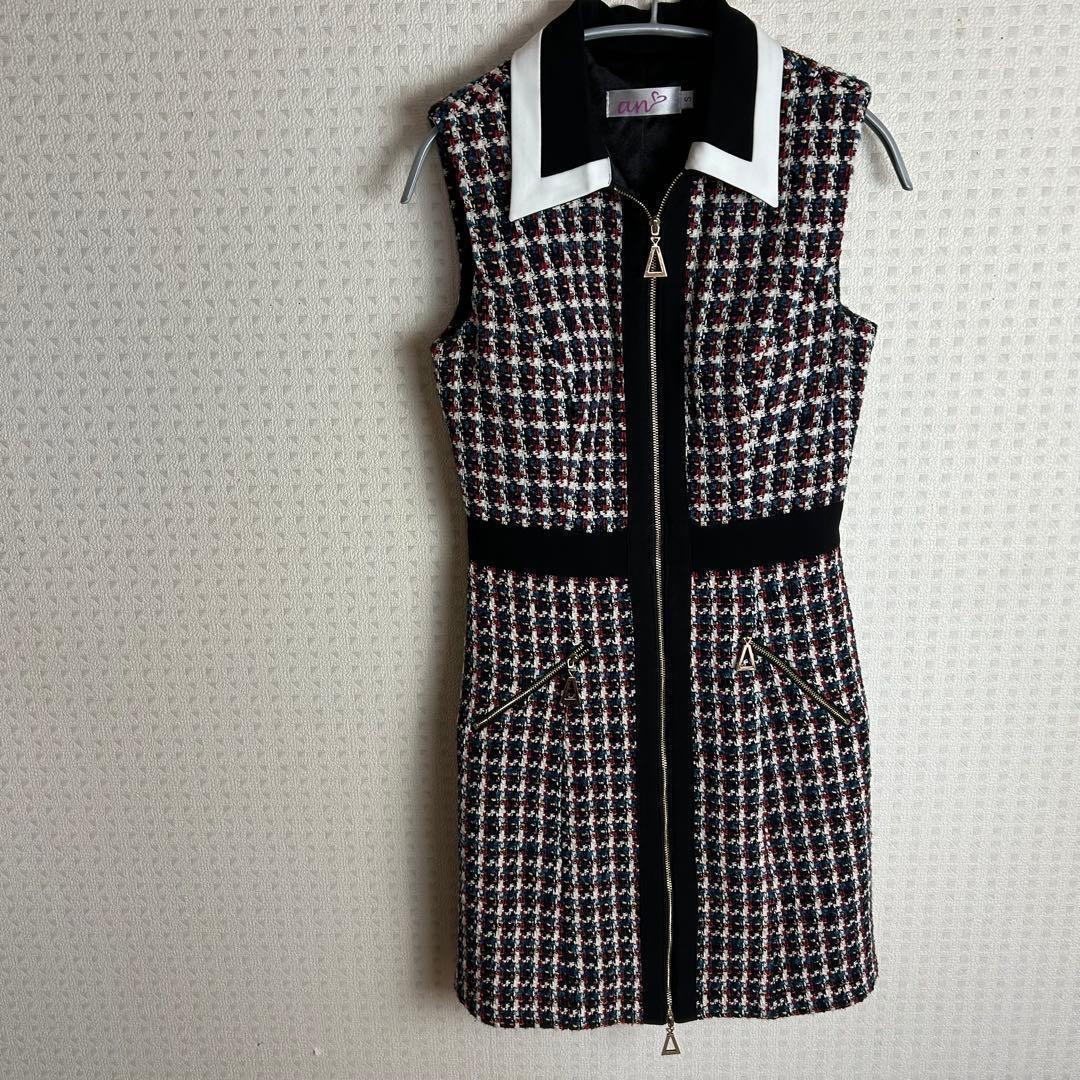 【美品】an ツイード ノースリーブ ミニドレス S