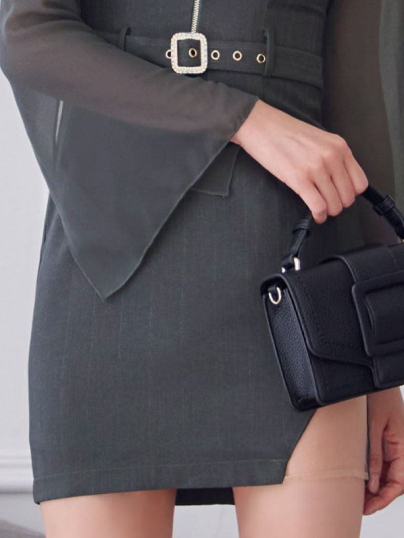 JEWELSダークグリーン フレアスリーブ ミニドレス