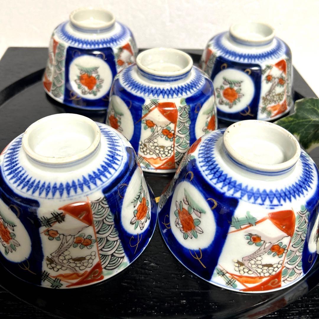 骨董品 古伊万里 月弓 金彩染錦窓絵 青海波紋 蓋付鉢 丼茶碗 有田焼