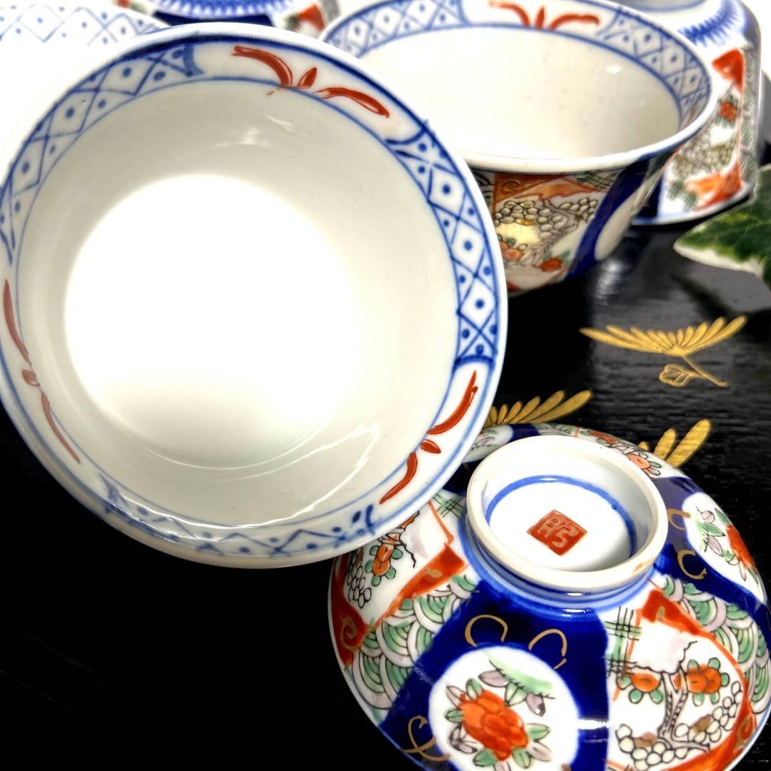 骨董品 古伊万里 月弓 金彩染錦窓絵 青海波紋 蓋付鉢 丼茶碗 有田焼