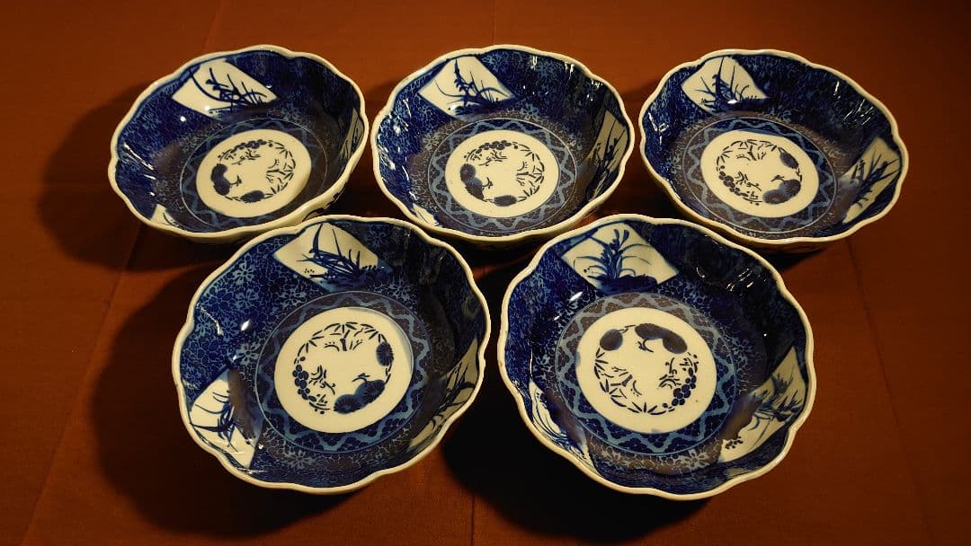 古伊万里 伊万里 染付 華の図 なます皿 菓子皿 2種5