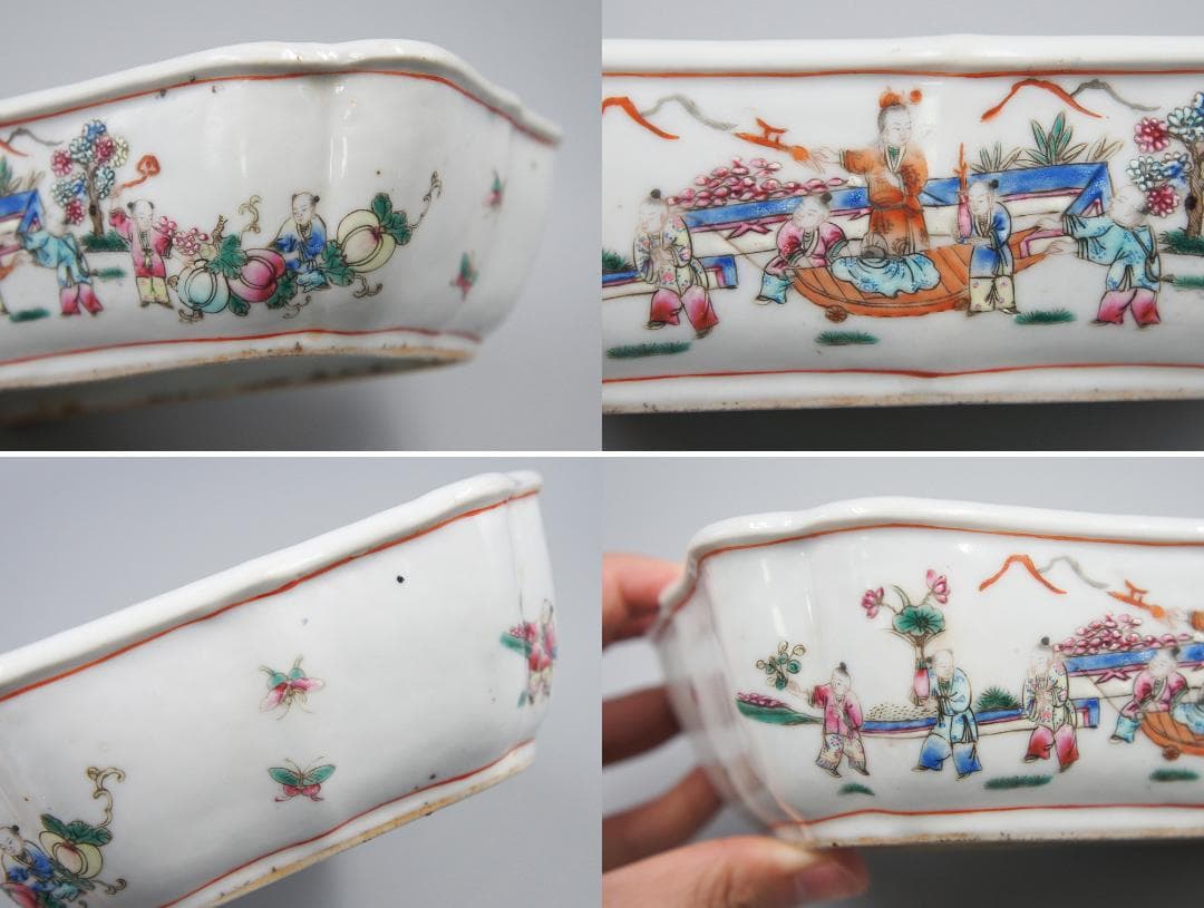 瓷】 ☆ 瓷器 粉彩唐子紋水仙鉢 ☆ 清朝期 花卉 果物 手描