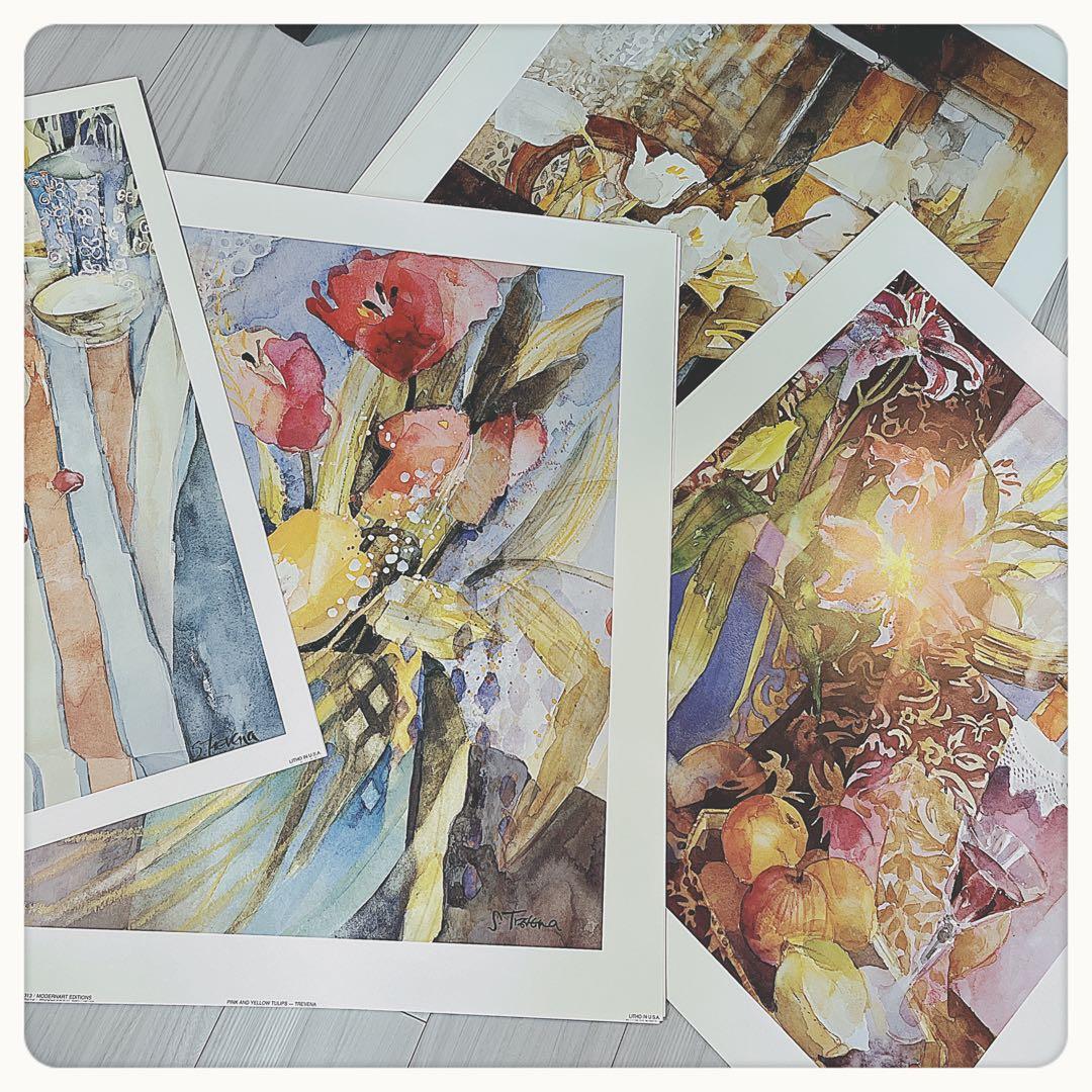 Shirley Trevena イギリス　花とフルーツ水彩画プリント　4枚セット